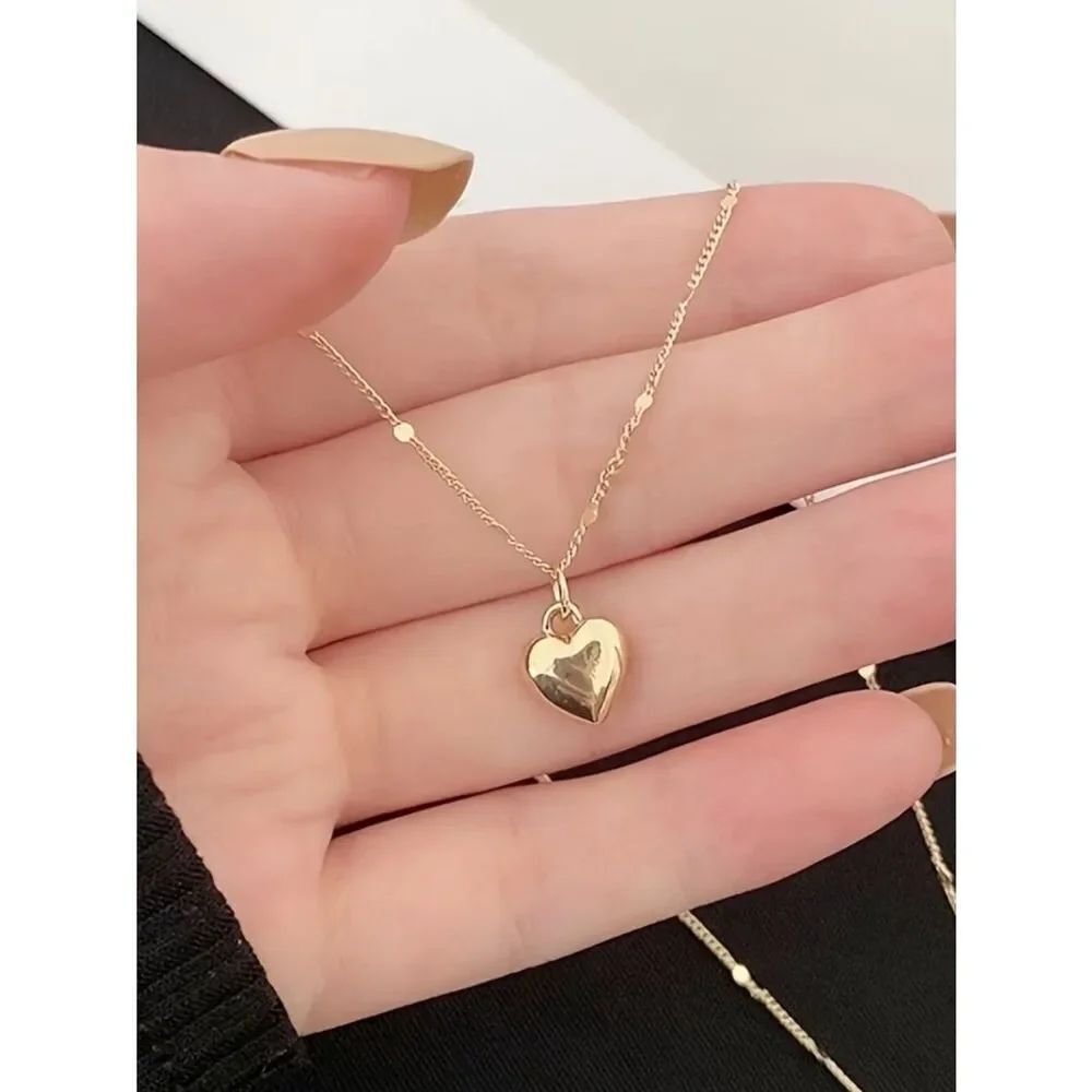 Minimalist Necklace Petite Golden Puff Heart Pendant Delicate Collarbone Chain